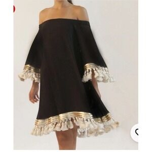 Mestiza New York Dress Cha Cha Silk Shimmy Off the Shoulder Tassel Sequin Sz XS